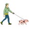 Pop art man walking a mini pig. Vector of an imitation comic style, retro. isolated object on white background