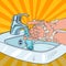 Pop Art Man Washing Hands. Hygiene Skincare Health Care Concept.