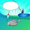 Pop art man who fishing in open sea. Fishing cartoon. Fisherman in boat pulling fish. Vector Image Comic book style