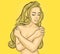 Pop art nude woman covers breasts with her hands