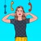 Pop Art Overworked Frustrated Woman Closed Ears with Fingers from Annoying Phones. Multitasking Office Work