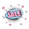 Pop art pink blue sale. Cool sticker advertising with hearts. Clearance vintage seasonal discount. Special offer bubble. Woman exp