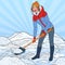 Pop Art Pretty Woman Clearing Snow with Shovel. Winter Snowfall