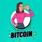 Pop Art Pretty Woman Holding Golden Bitcoin Coin. Crypto Currency Concept. Virtual Money Advertising Poster