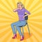 Pop Art Pretty Woman Suffering from Back Pain. Girl Feeling Unhealthy Sitting on the Chair