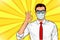 Pop art retro comic style Man in protective face mask. Protection against viruses of coronavirus, bacteria, smog, COVID-19.