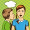 Pop art retro comic vector illustration. Kid whispering gossip or secret to his friend. Children talk each other. Speech