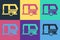 Pop art Rv Camping trailer icon isolated on color background. Travel mobile home, caravan, home camper for travel