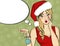 Pop art Santa girl. Pin up Santa girl. Santa Girl with speech bu