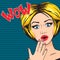 Pop Art Shocked Woman with open mouth, WOW message in comic style. Retro Blonde Surprised woman, vector illustration