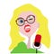 Pop Art Singing Beautiful Young Woman with Microphone. Singer blonde hair with glasses