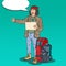 Pop Art Smiling Hitchhiking Man Hipster with Backpack