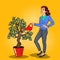 Pop Art Smiling Rich Woman Watering Money Tree