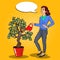 Pop Art Smiling Rich Woman Watering Money Tree with Comic Speech Bubble