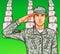 pop art soldier render military salute on the background of rows of grave stones with national flags