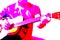 Pop art stylization of guitarist photography,man plays guitar, close-up hands, concept of creativity, learning to play musical