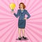 Pop Art Successful Business Woman with Creative Idea Light Bulb. Innovation