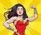 Pop Art super hero woman. Girl power advertising poster. Comic woman showing her biceps.Superwoman. We Can Do It.