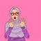 Pop art suprised moslem young woman with hijab and glasses comic style.