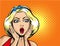 Pop art surprised blond woman face with open mouth