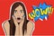 Pop art surprised brunette woman face with open mouth
