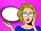 Pop art surprised female face with. Comic blonde woman in glasses with speech bubble.