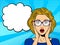 Pop art surprised female face with open mouth. Comic blonde woman in glasses with speech bubble.