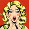 Pop art surprised woman face with open mouth comic style illustration