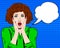 Pop art surprised woman face with open mouth. Comic woman with speech bubble. Vector illustration. Panic woman. Stress. Shocked.
