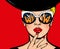 Pop art thinking woman in black hat in glasses.Wow female face.