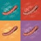 Pop art vector illustration of Grilled sausage. Fast food cartoon background.