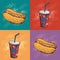 Pop art vector illustration of hot dog and soda. Fast food cartoon background.