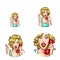 Pop art woman or girl speaking by phone receiver with surprised expression vector isolated retro sketch icons set