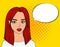 Pop art woman with speech bubble. Fashion, beautiful woman with red hair. White pop art bubble for banner