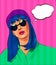 Pop art woman sunglasses bubble speech dotted background