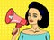 Pop art woman talking using red megaphone