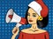 Pop art woman talking using red megaphone