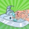 Pop Art Woman Washing Hands. Hygiene Skincare Health Care Concept. Female Hands Cleaning with Foam of Soap