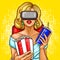 pop art woman watching movie with virtual reality glasses.