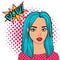 Pop art woman with WOW bubble. Fashion, beautiful woman with blue hair