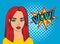 Pop art woman with WOW bubble. Fashion, beautiful woman with red hair