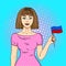Pop art young beautiful girl holding a flag of the Republic of Haiti. Comic book style imitation. Vintage retro style
