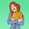 Pop Art Young Business Woman Holding Big Bitcoin Coin. Crypto Currency Network Technology