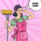 Pop Art Young Confident Housewife Woman Cleaning House with Mop