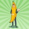 Pop Art Young Male Promoter with Advertising Flyers. Man in Banana Costume. Teenage Cheerful Guy Promoting Something