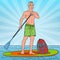 Pop Art Young Man Paddling on Stand Up Paddle Board. SUP Watersport on the Sea