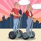 Pop Art Young Man and Woman Riding Segway in the City. Urban Transport