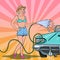 Pop Art Young Pretty Woman Washing Classic Car with Hose