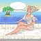 Pop Art Young Woman Sitting on Private Yacht in Sea. Beach Vacation