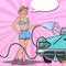 Pop Art Young Woman Washing Classic Car with Hose
